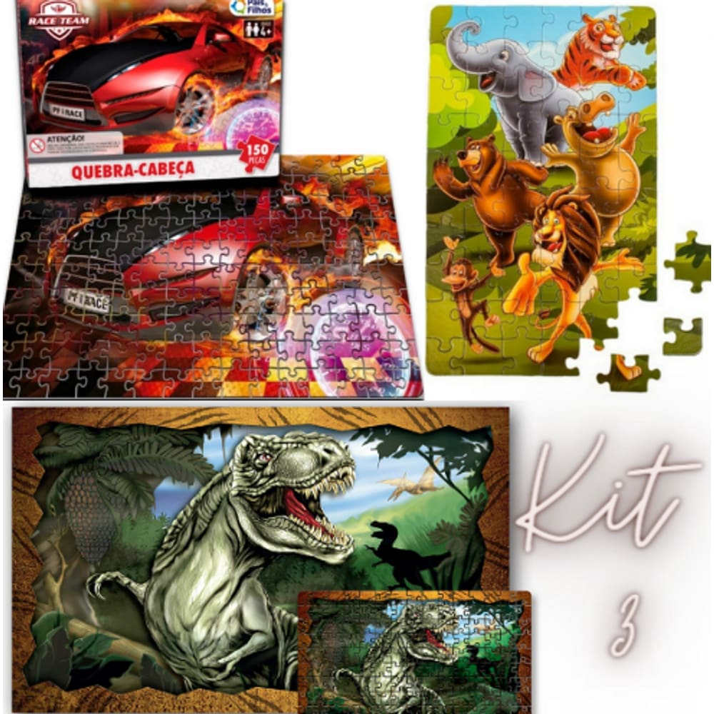 Kit 2 Quebra cabeça infantil Carros + Florestas + Dino