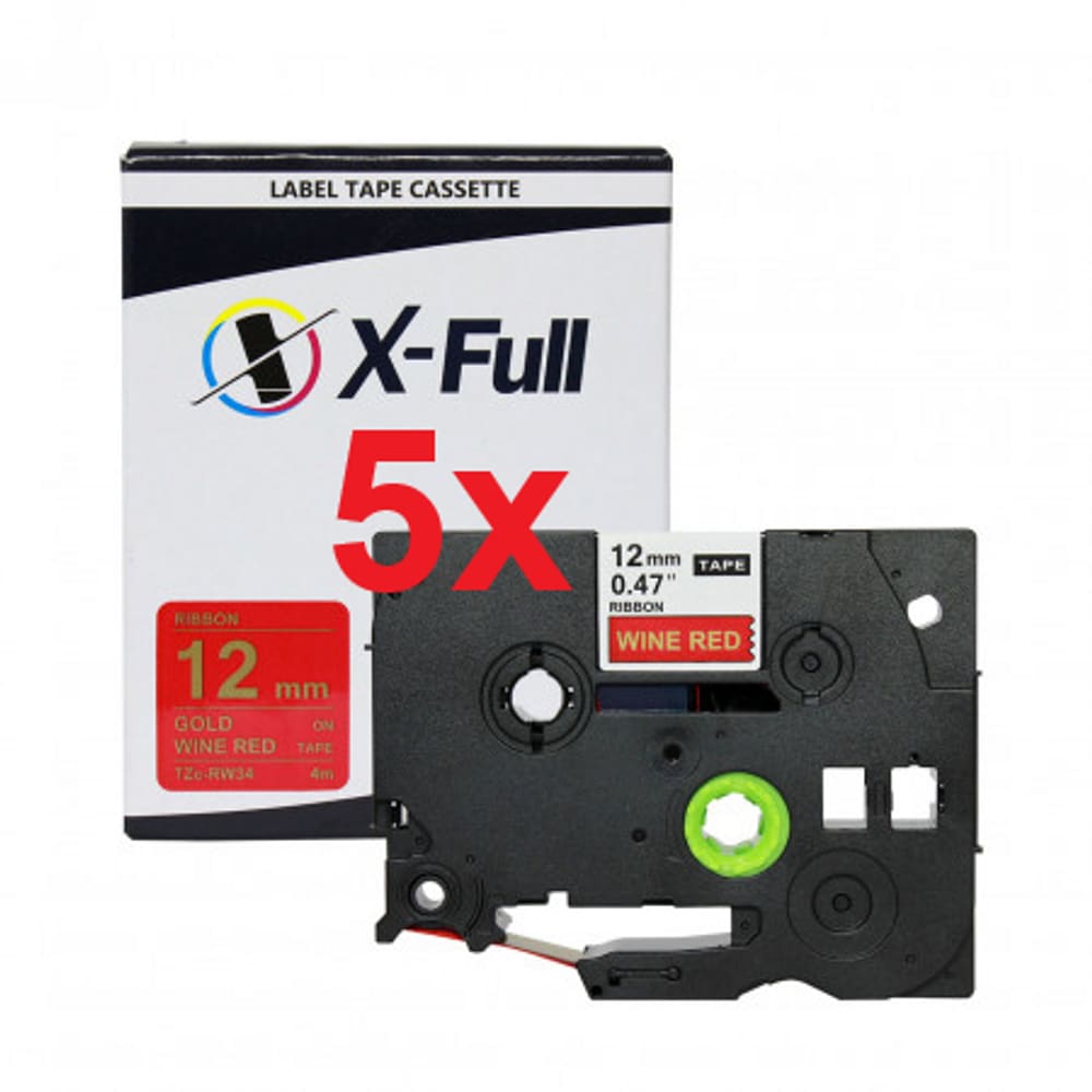 Kit 5 Fitas Cetim Compatível Brother Tze RW34 Vinho 12mm