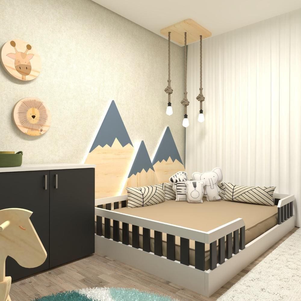 Kit com Cama Casal Infantil e Armário Baixo Montessoriano Yescasa Branco/Preto