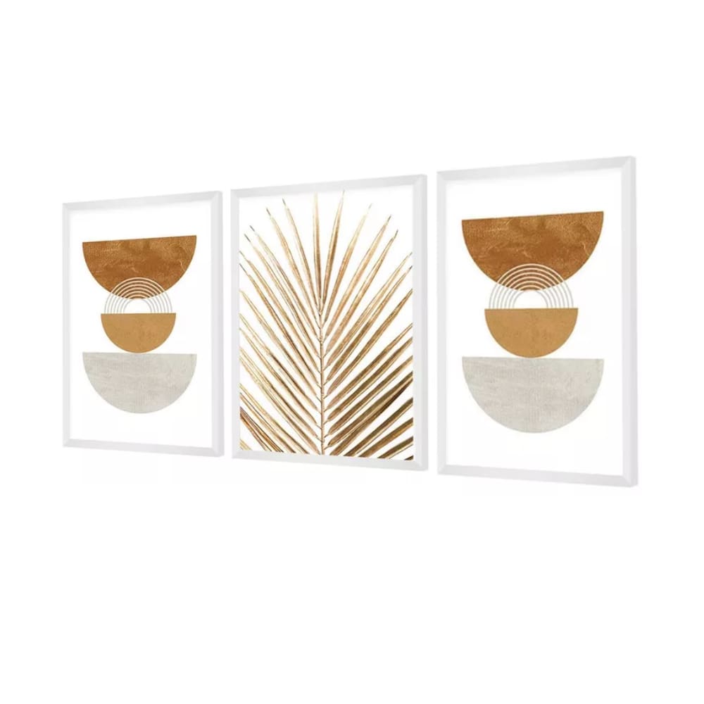 Trio De Quadros Formas Folhas Minimalista Boho Quarto