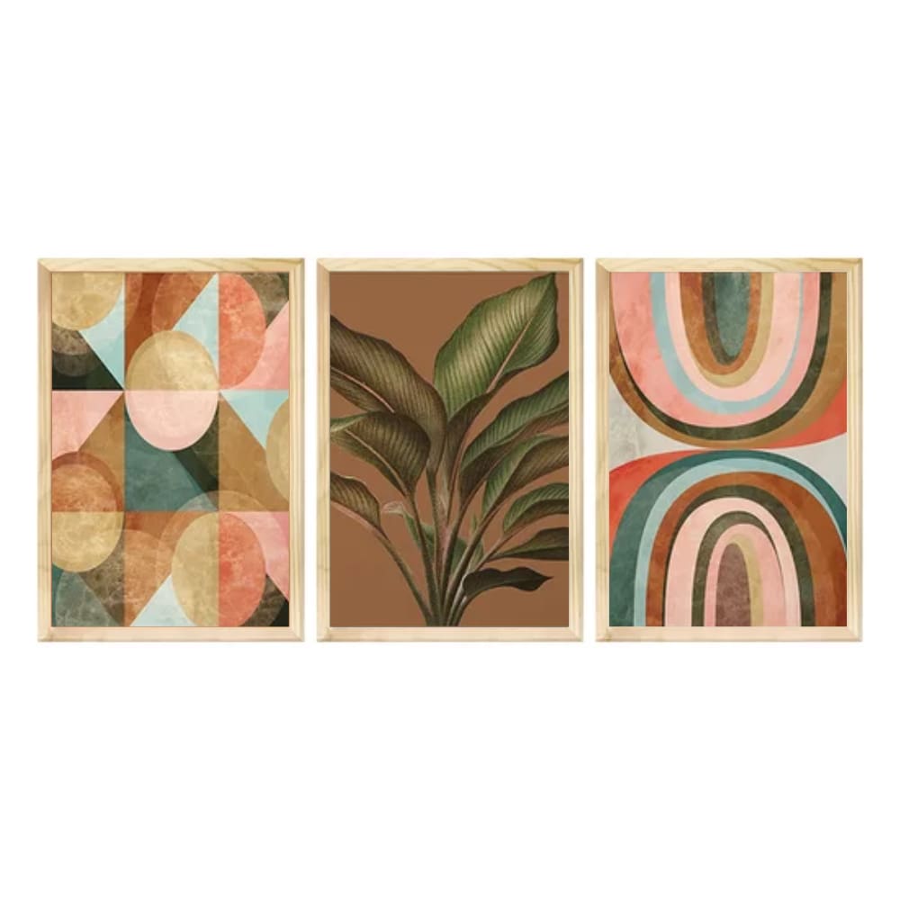 Kit 3 Quadros Decorativos para Cozinha 40x60 Plantas Formas Coloridas Geométrico Tons Marrom - Hugart