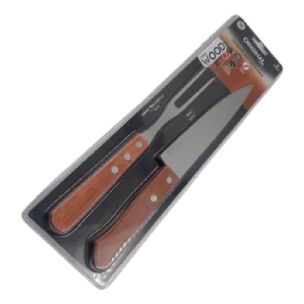 Kit Churrasco Jogo Garfo Faca De Madeira JJB Utilidades