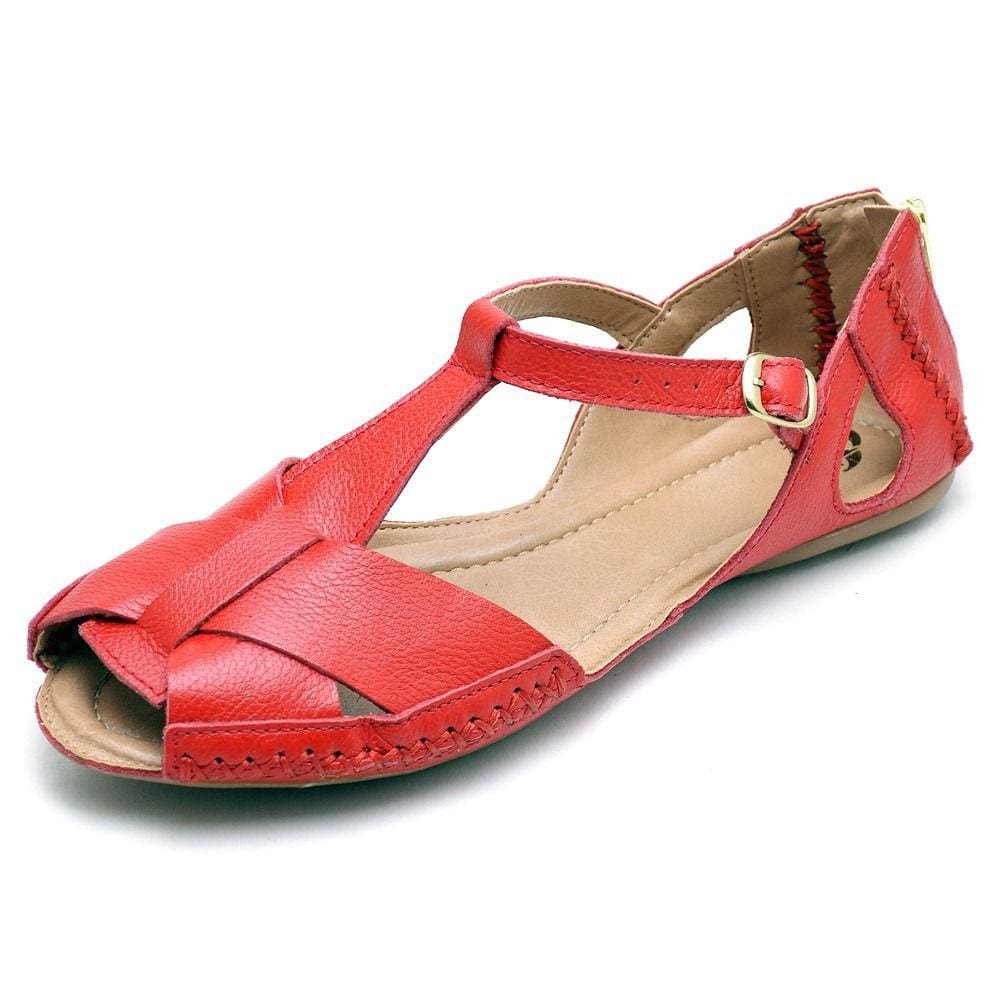 Sandalia Sapatilha Conforto Couro Feminina Ziper Traseiro e Fivela Sola Borracha