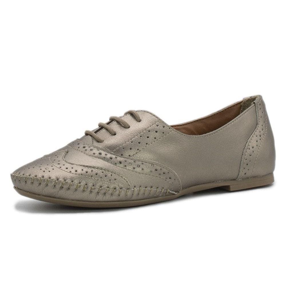Tenis Oxford Feminino Couro Cadarço Texturizado Salto Baixo Palmilha Conforto Leve