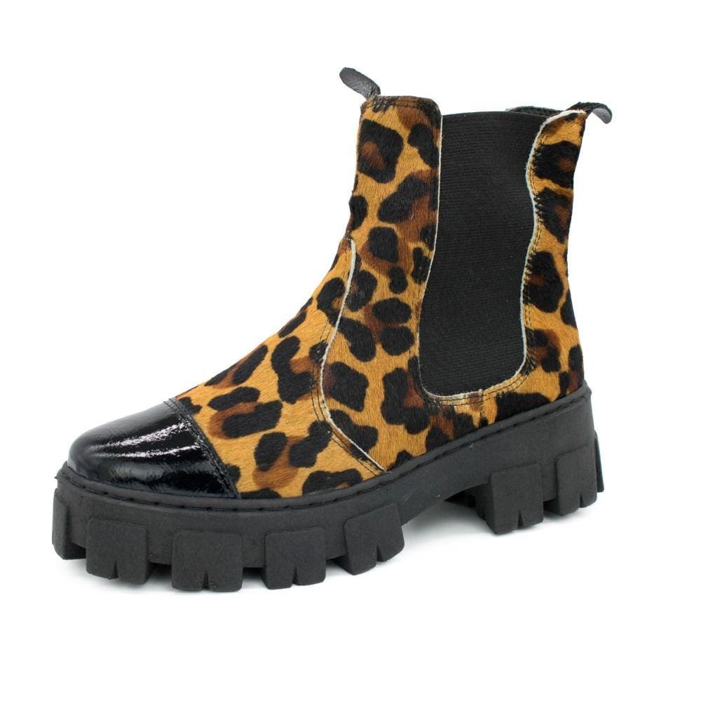 Bota Chelsea Tratorada Feminina Couro Animal Print Marrom Plataforma Confortavel Dia a Dia