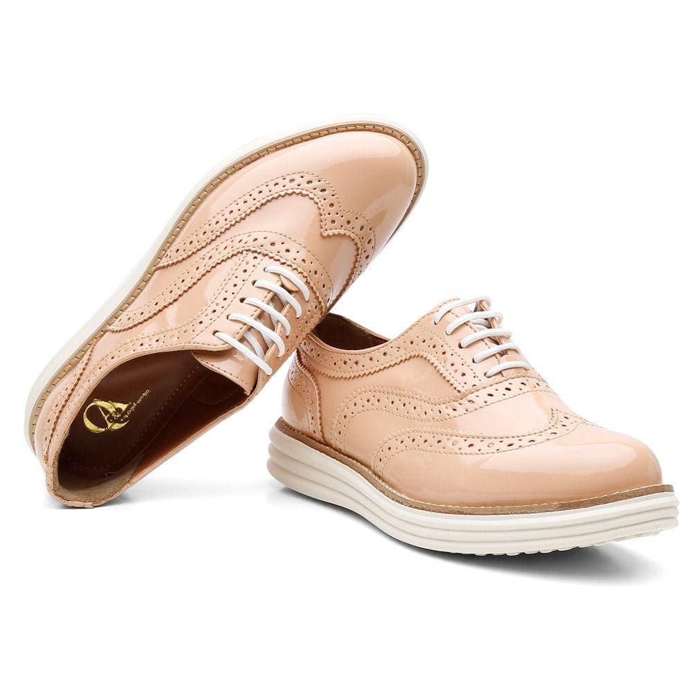Sapato Oxford Feminino Verniz Com Cadarço Casual Salto Baixo Palmilha EVA