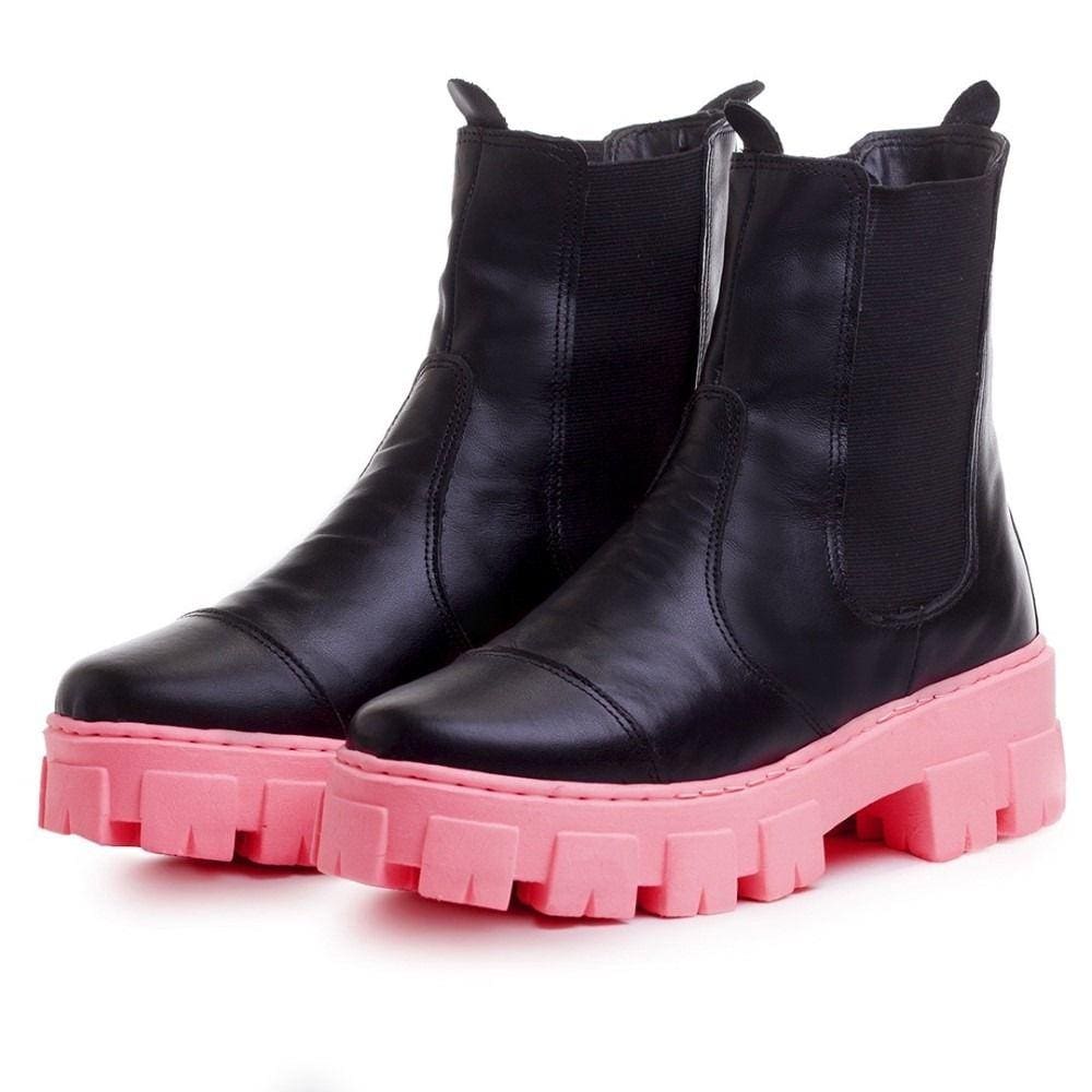 Bota Coturno Tratorada Plataforma de Couro Feminina Sola Colorida Moderna