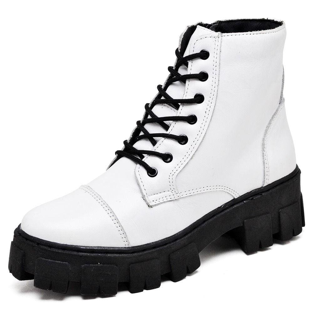 Bota Coturno Militar de Couro Feminina Plataforma Cano Medio Cadarço Palmilha Conforto Macia