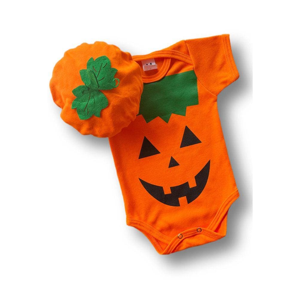 Conjunto Body Bebe + Touca Roupa Infantil Fantasia Halloween abobora