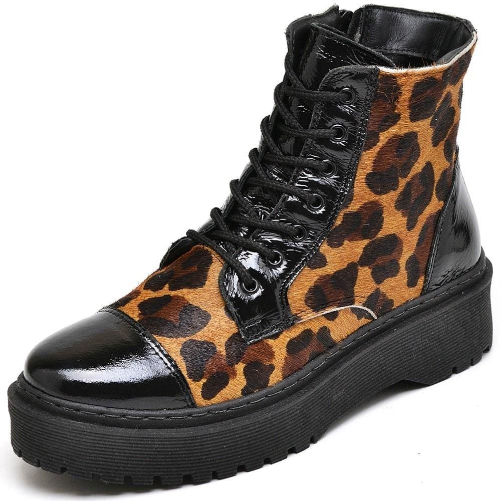 Bota Coturno Animal Print Blogueira Plataforma Couro Feminina Estilosa Solado Borracha Resistente