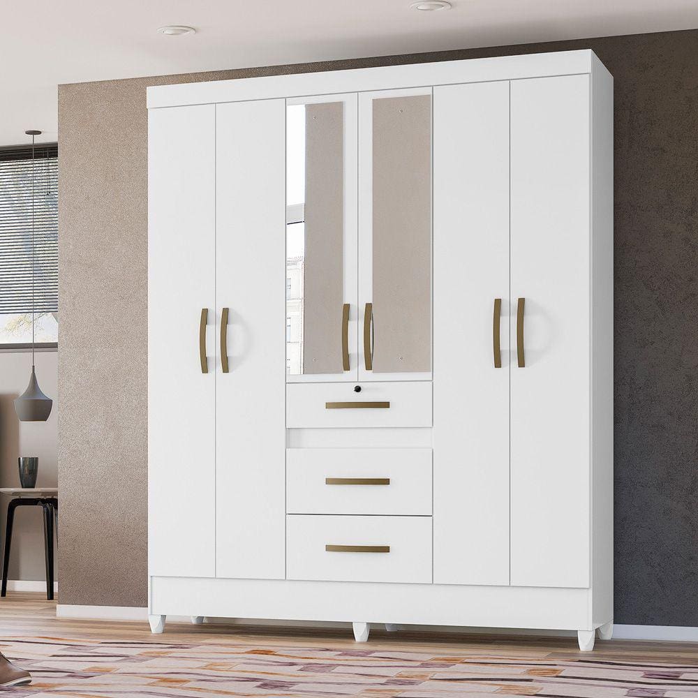 Guarda Roupa Roupeiro Itatiba Branco 6 Portas 3 Gavetas com Espelho Moval