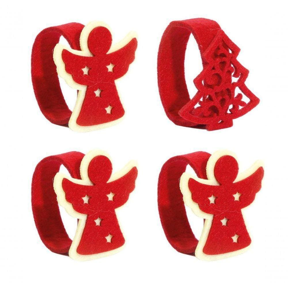Kit Porta Guardanapo Natal Anjo E Pinheiro Vermelho Anel 4Pç