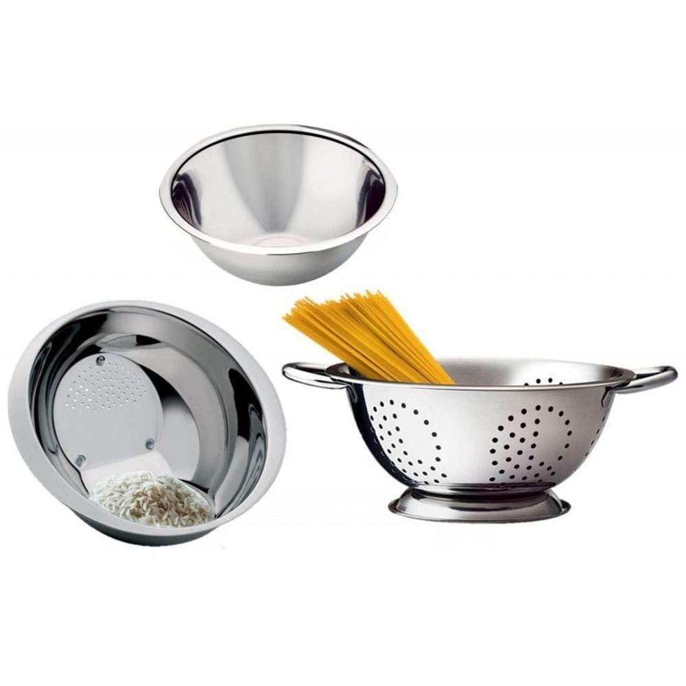 Conjunto Aço Inox 3 Peças Escorredor Arroz, Macarrão E Bowl