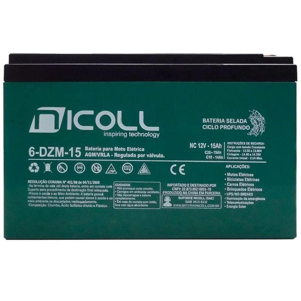 Bateria Para Bicicleta Elétrica Ciclo Profundo 12V 15Ah 6-Dzm-15 Nicoll