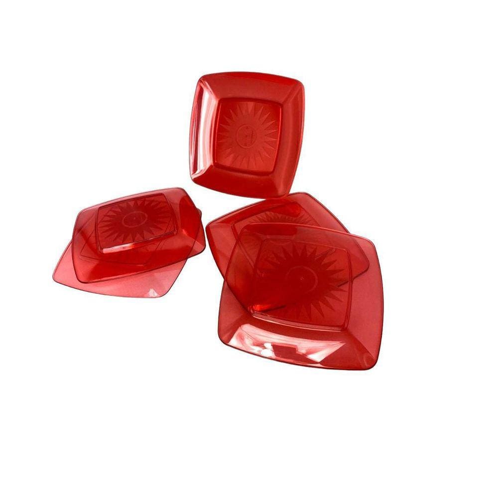 Kit Prato Acrílico Quadrado Resistente Vermelho 15Cm- 20Un