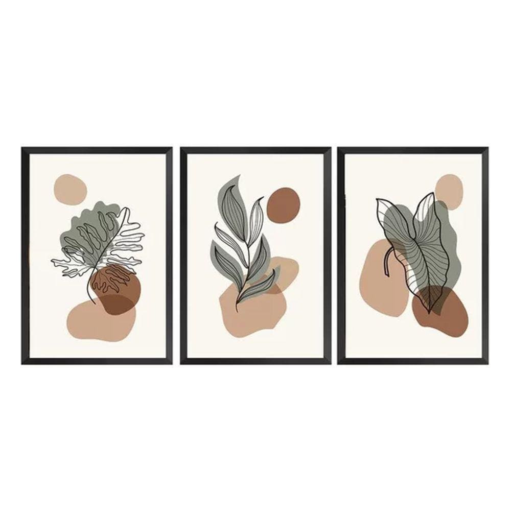 Trio de Quadros Boho Folhagens Plantas Sala e Cozinha