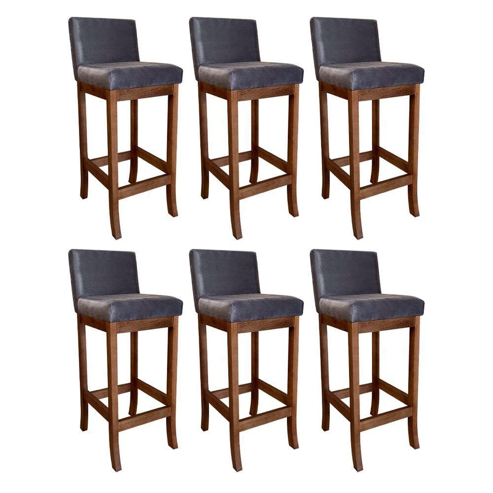 Kit 6 Banquetas Alta Estofada com Encosto para Cozinha 38x100 Cm Espanha Madeira Suede Cinza CCS