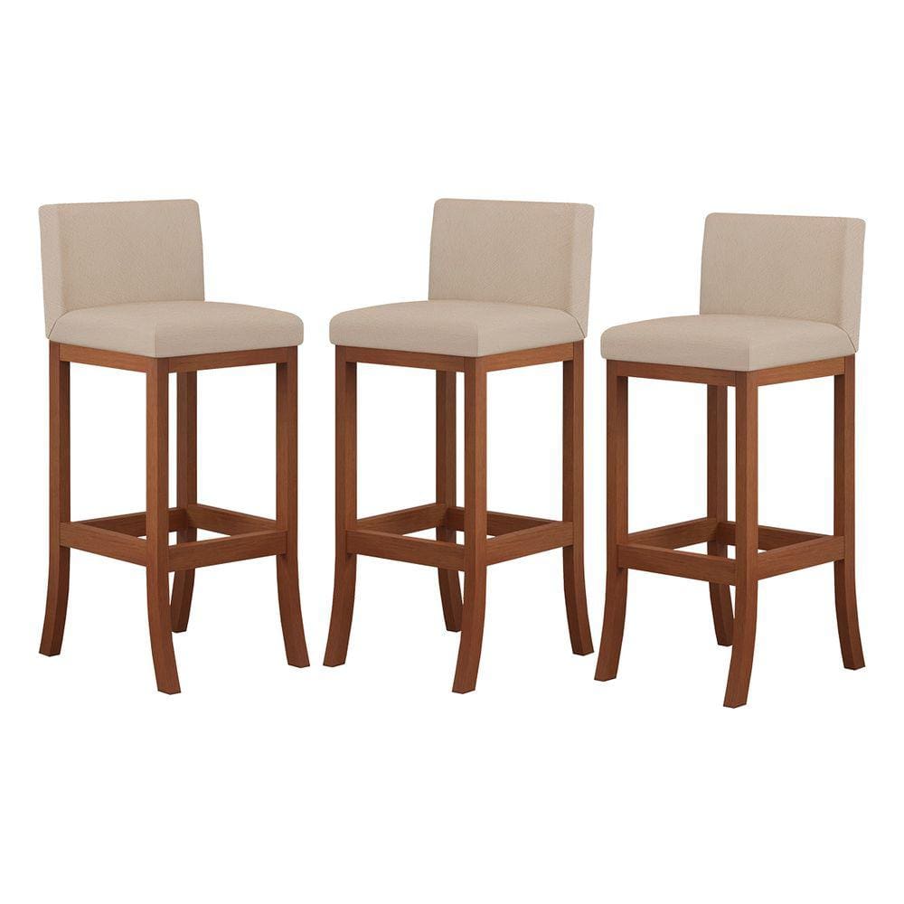 Kit 3 Banquetas de Madeira com Encosto Estofado Suede Bege