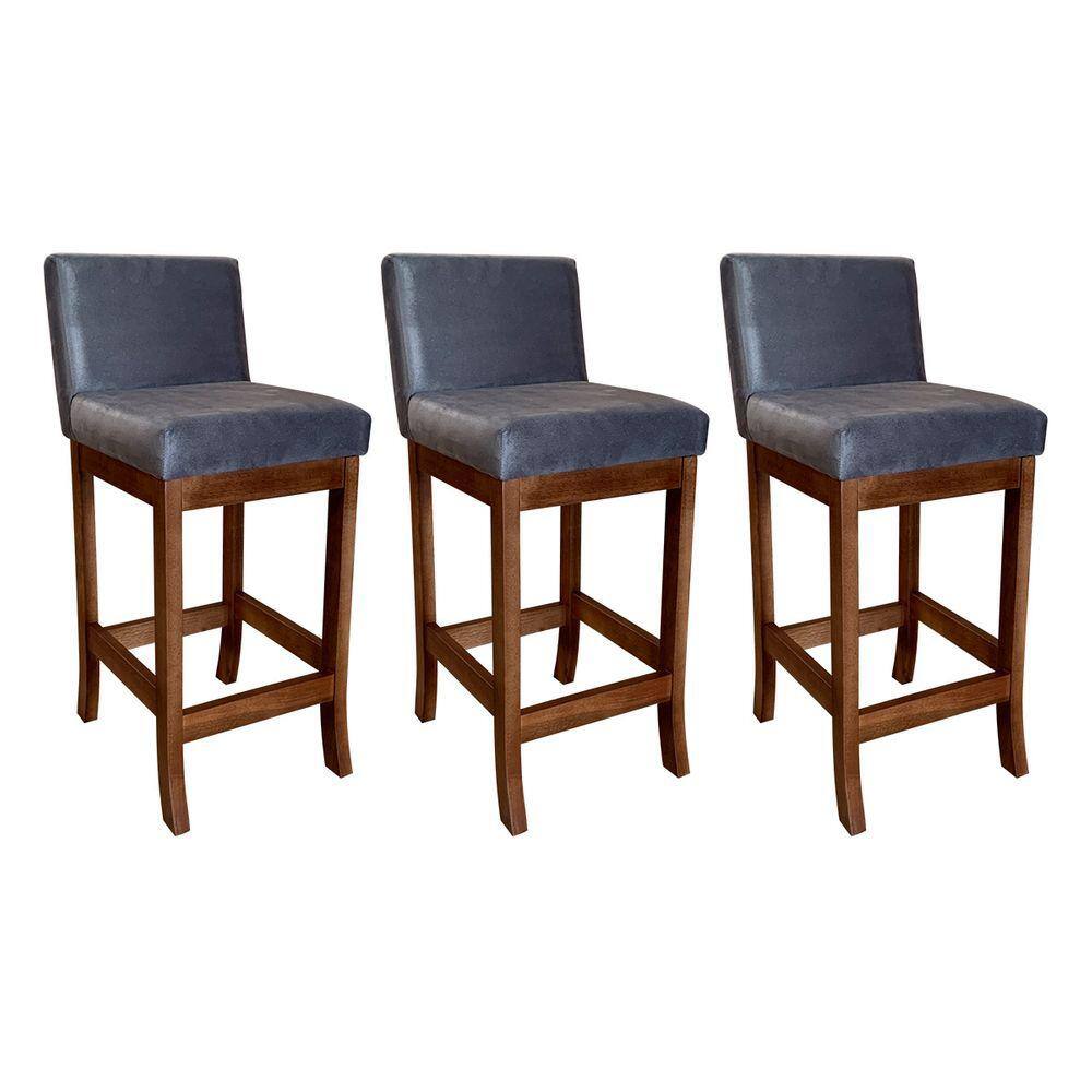 Kit 3 Banquetas Média Estofada Gourmet para Cozinha 38x90 Cm Espanha Madeira Castanho Suede Cinza CCS
