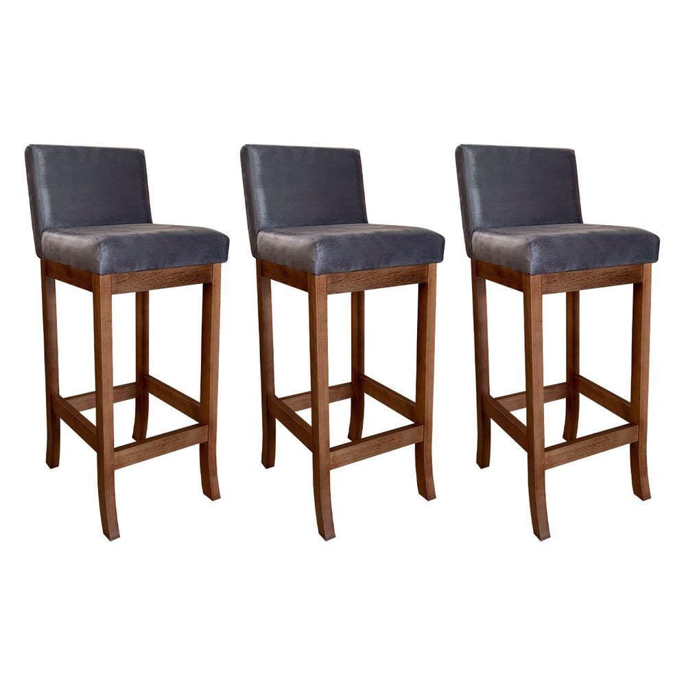 Kit 3 Banquetas Alta Estofada Gourmet para Cozinha 38x100 Cm Espanha Madeira Castanho Suede Cinza CCS