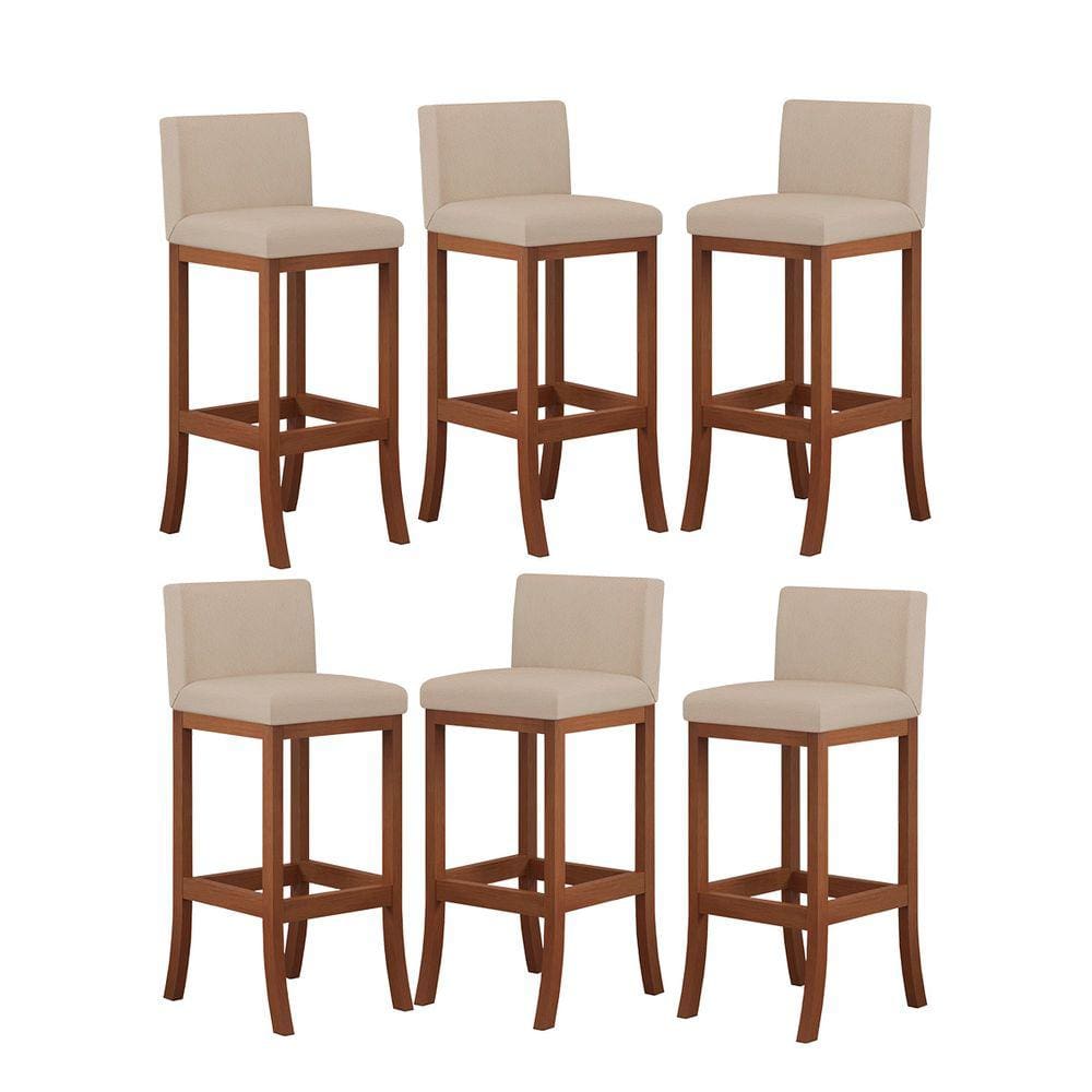 Kit 6 Banquetas Alta Encosto Estofado 38x100 Cm Ilha Espanha Madeira Maciça Castanho Suede Bege CCS