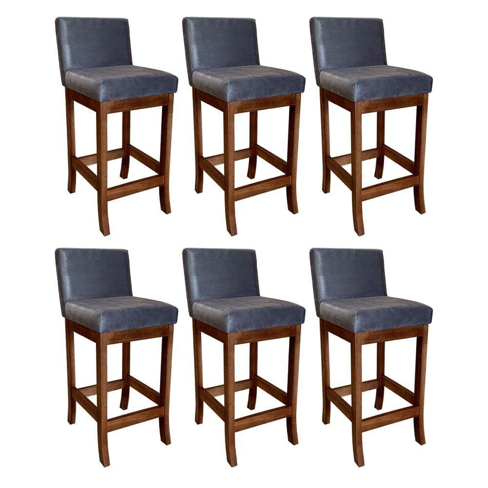 Kit 6 Banquetas Média Estofada com Encosto para Cozinha 38x100 Cm Espanha Madeira Suede Cinza CCS