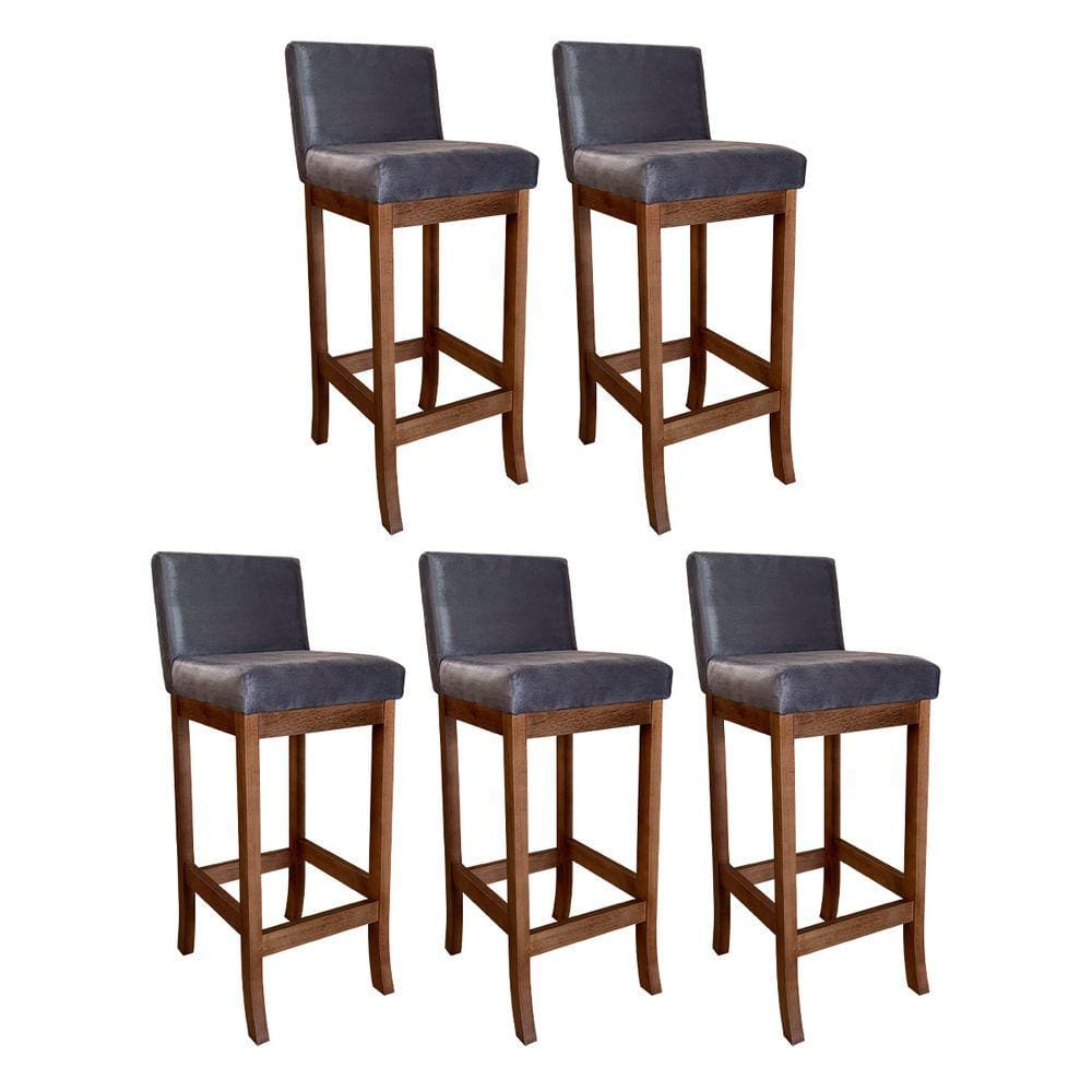 Kit 5 Banquetas Alta Estofada para Bancada de Cozinha Espanha Madeira Castanho Suede Cinza CCS