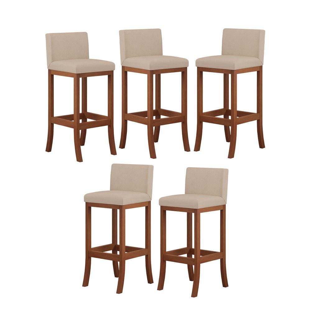 Kit 5 Banquetas Média Encosto Estofado 38x90Cm Ilha Espanha Madeira Maciça Castanho Suede Bege CCS