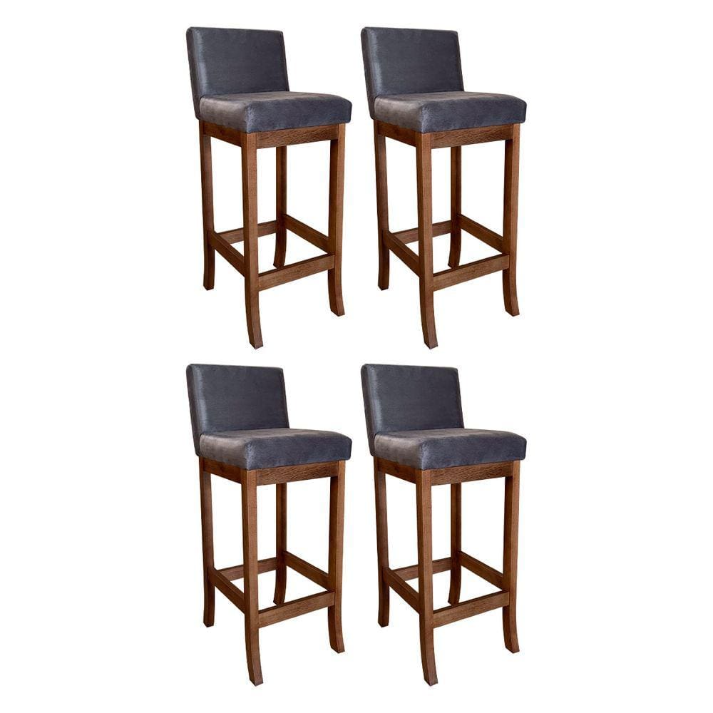 Kit 4 Banquetas Alta Estofada para Cozinha Americana Espanha Madeira Maciça Castanho Suede Cinza CCS