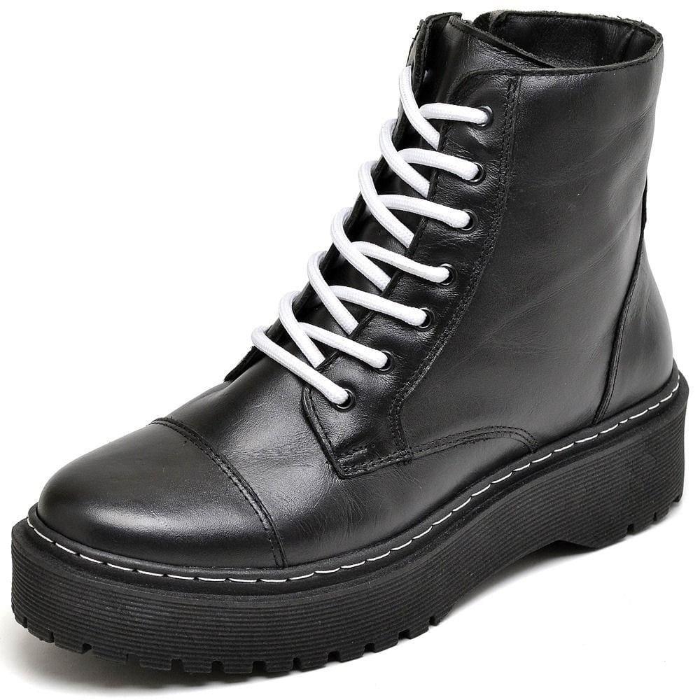 Bota Tratorada de Couro Feminina Com Cadarço Branco Tendencia Sola Borracha