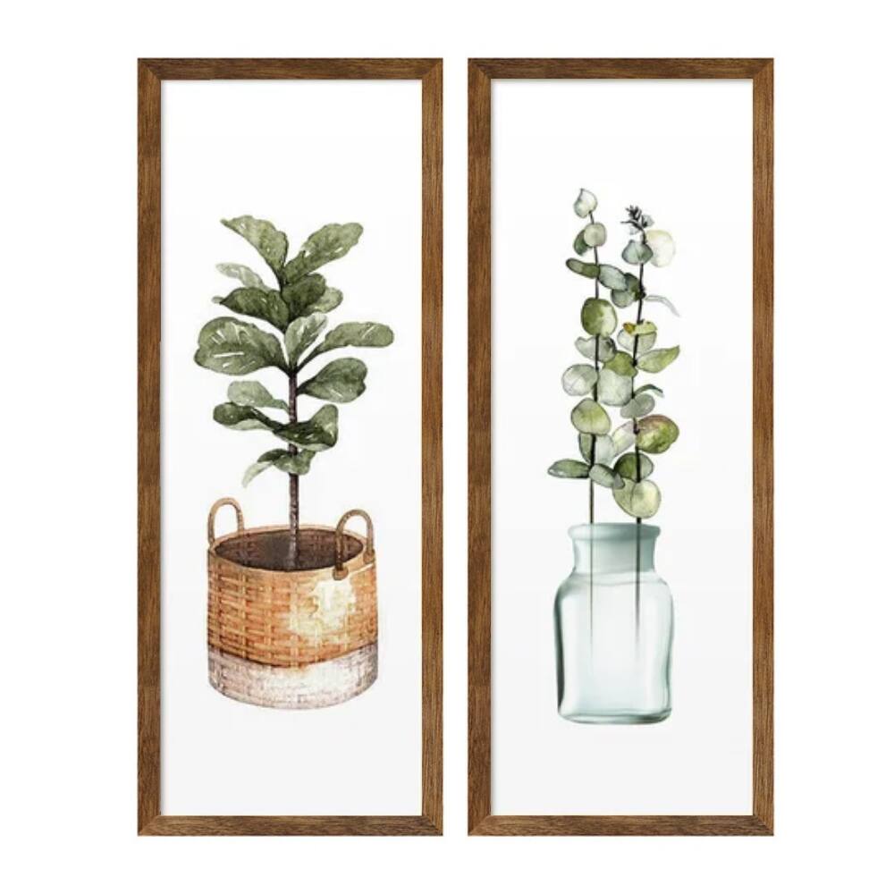 Dupla de Quadros Plantas Vasos Folhagem Varanda Sala Moldura Betume
