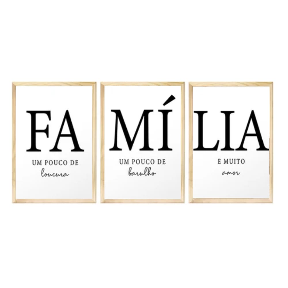 Kit 3 Quadros Decorativos para Sala 40x60cm Família Composição Trio Lar Amor