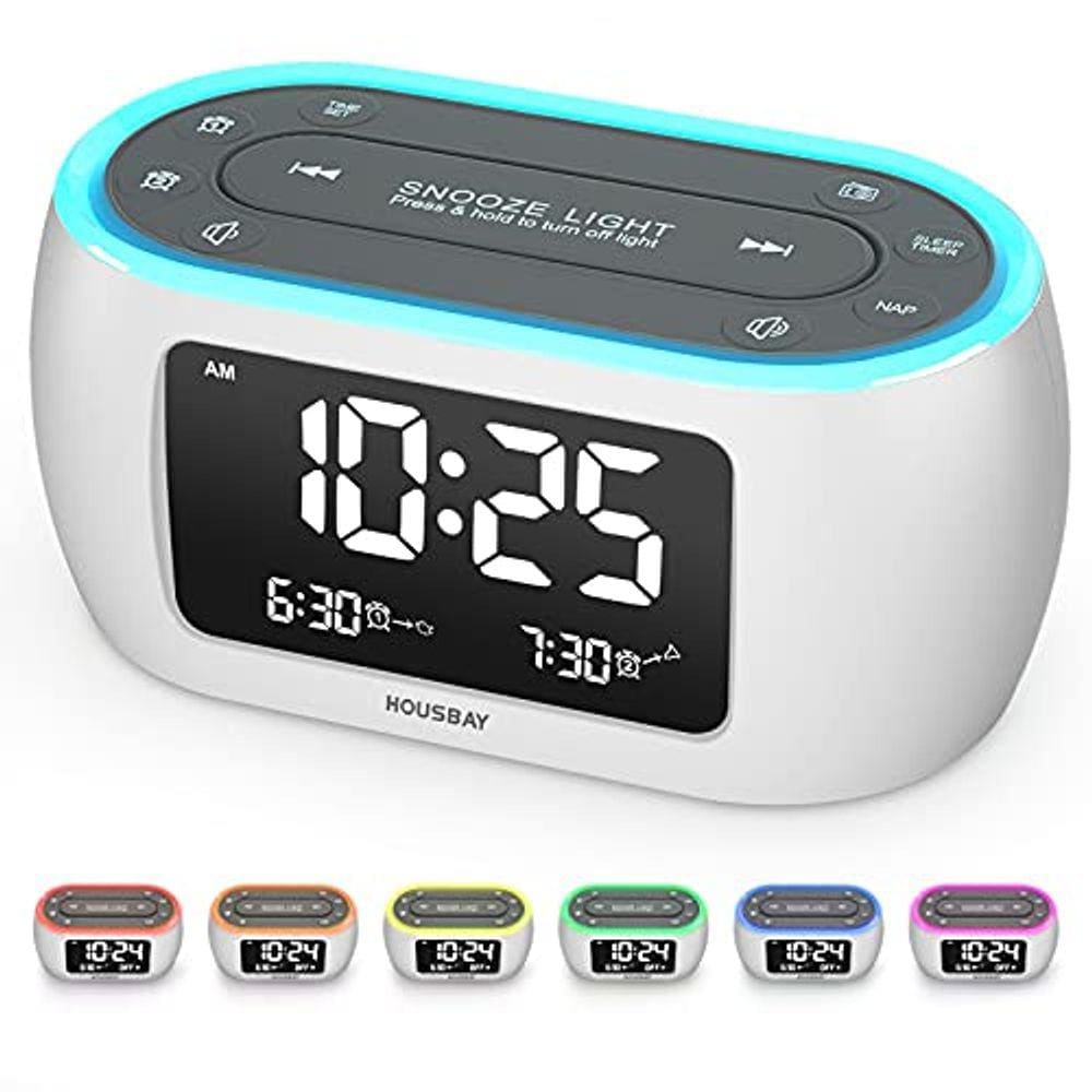 Housbay Glow Small Alarm Clock Radio for Bedrooms with 7 Color Night Light, Dual Alarm, Dimmer, USB Charger, Battery Backup, Nap Timer, FM Radio with