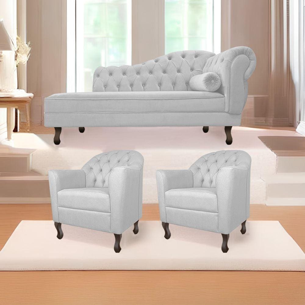 Kit Diva Recamier Diana 140Cm Lado Esquerdo E 02 Poltronas Julia Corano - Doce Sonho Móveis Branco