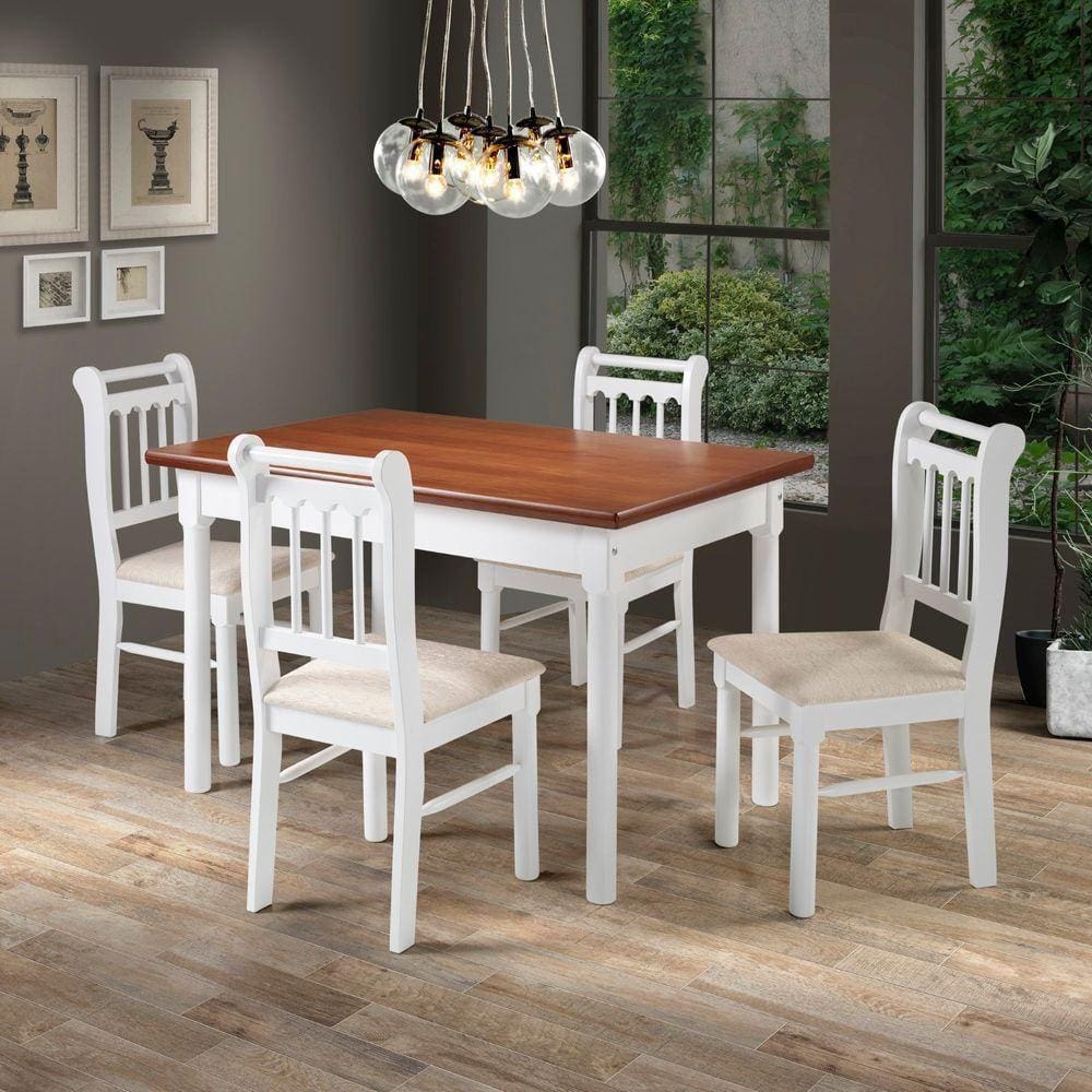 Conjunto Sala De Jantar Madeira Maciça 4 Cadeiras Mv Outlet Branco E Mel