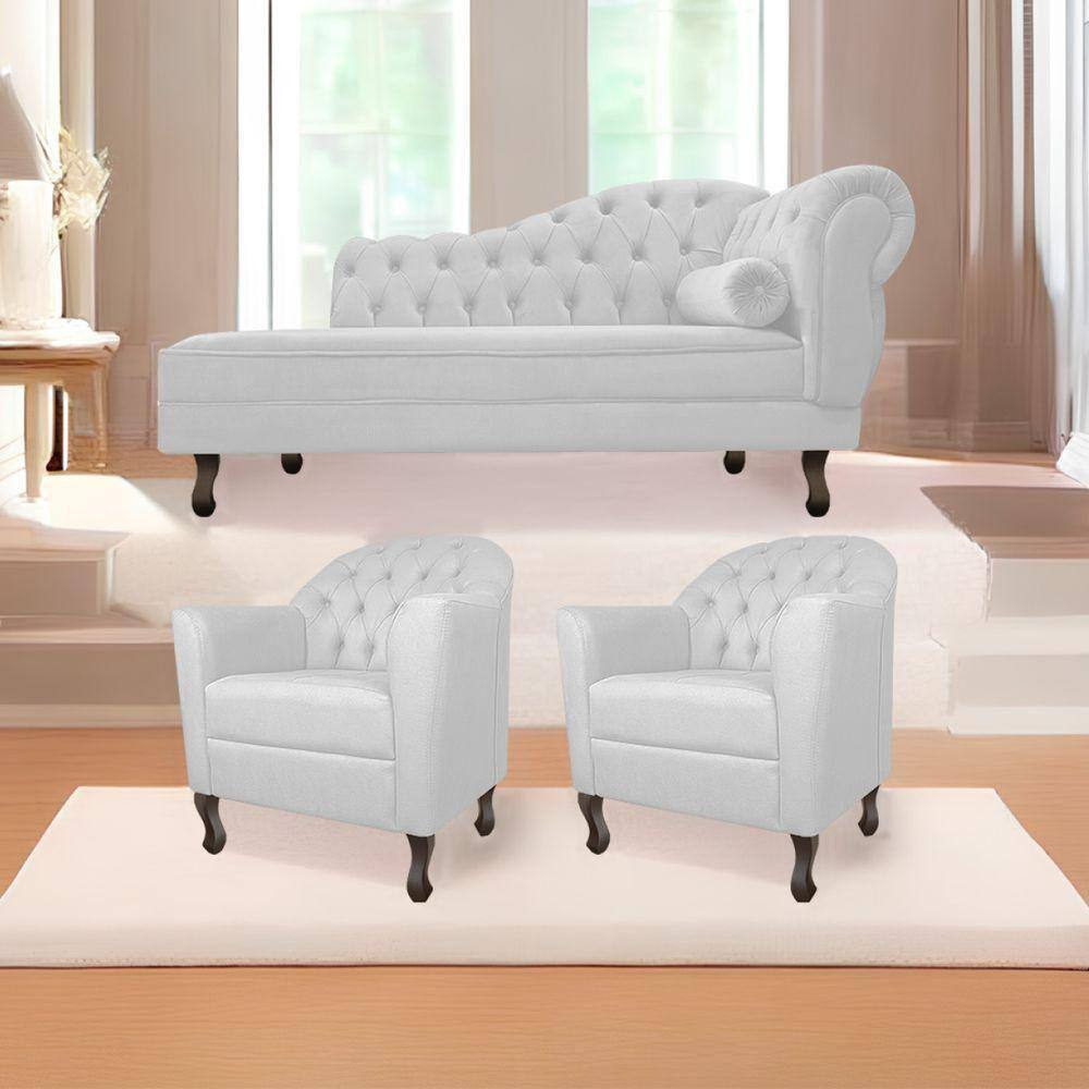 Kit Diva Recamier Diana 140Cm Lado Esquerdo E 02 Poltronas Julia Suede - Doce Sonho Móveis Branco