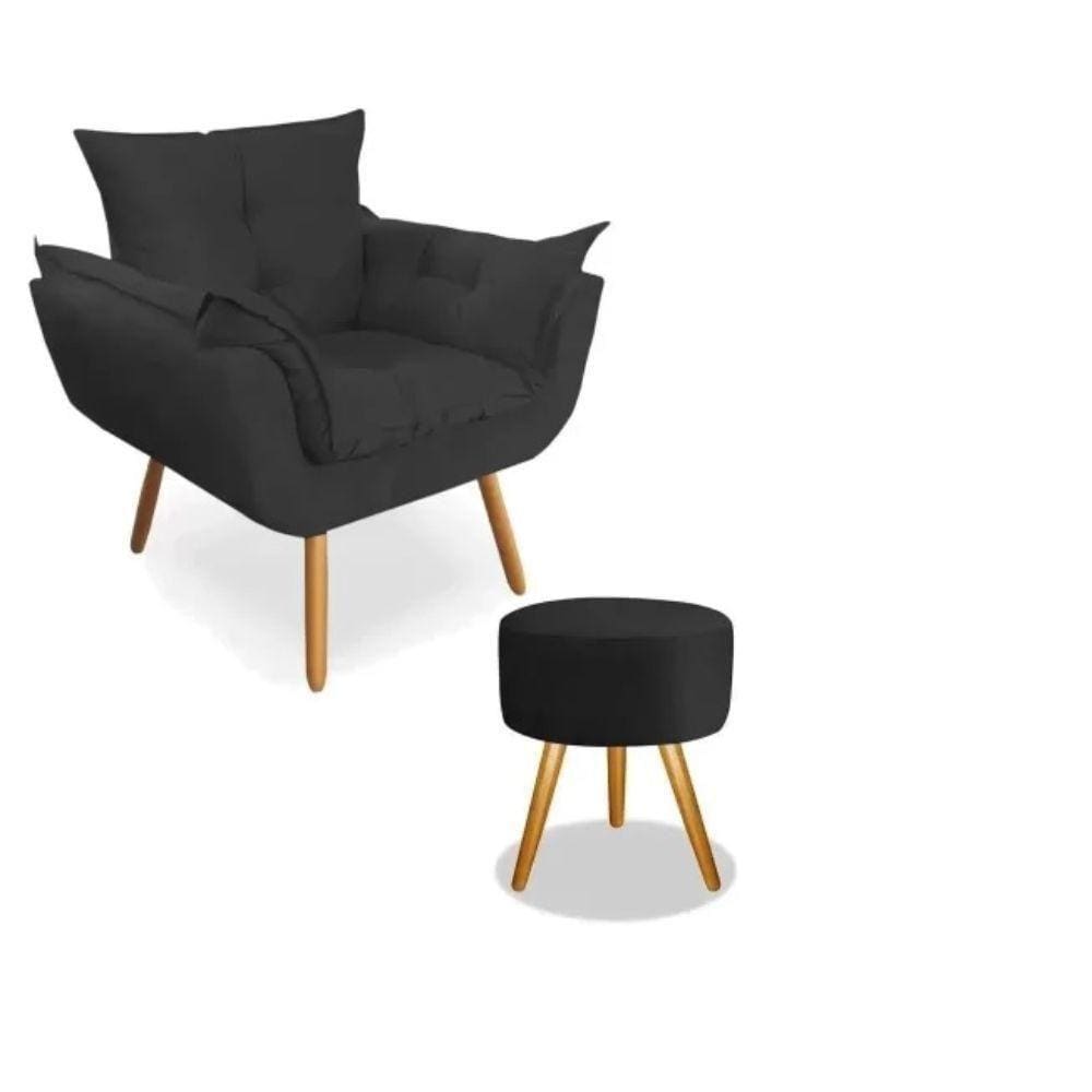 Kit 2 Poltronas Opalas Com Puff Redondo Suede Preto