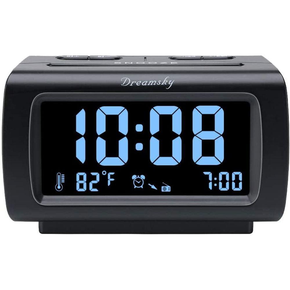DreamSky Alarm Clock Radio FM com porta USB para quarto, display de 1,2 polegadas de dígito azul com 0%-100% dimmer, temperatura, soneca, volume de al