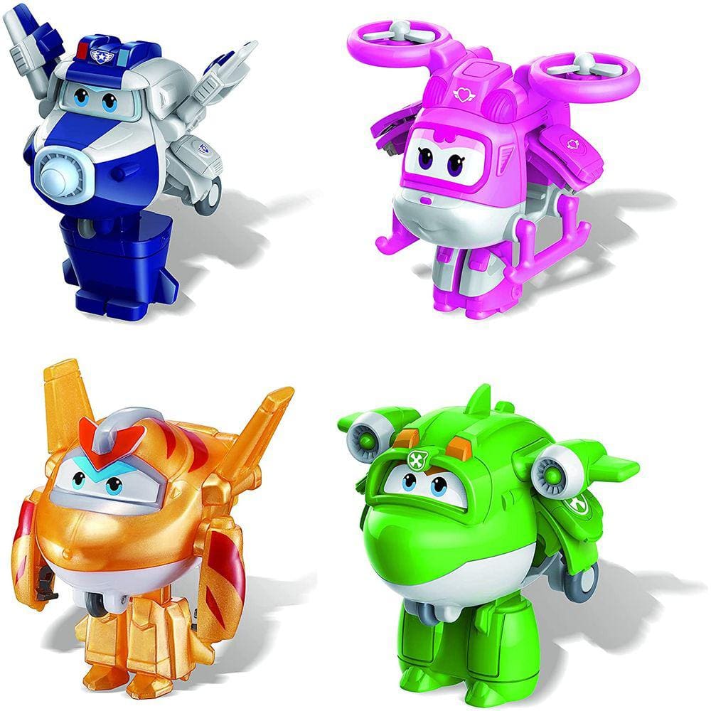 Super Wings - 2" Transform-a-Bot 4-Pack Supercharged Paul, Supercharged Dizzy, Golden Boy, & Mira Airplane Toys Mini Action Figures | Avião d