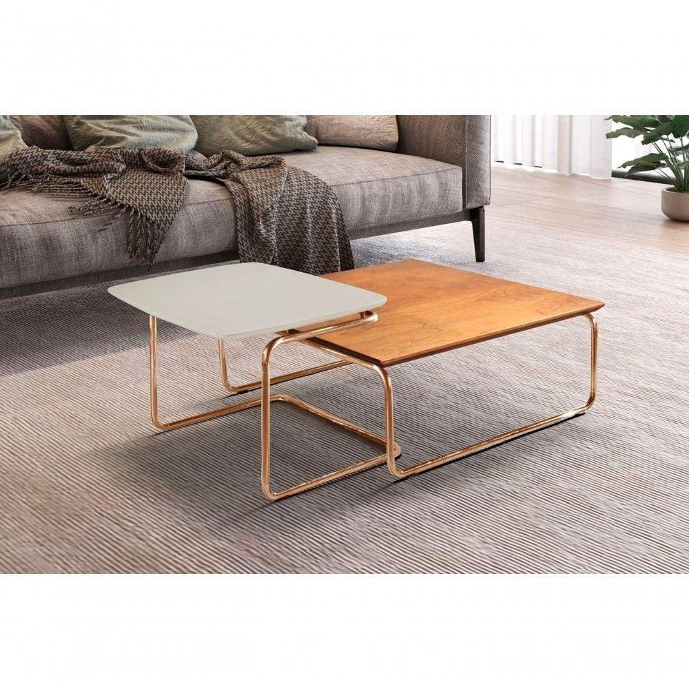 Conjunto Mesa De Centro Kairos Base Cobre Larflex Cor:off White