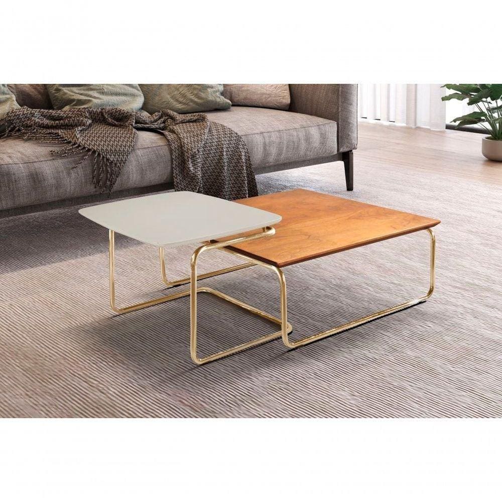 Conjunto Mesa De Centro Kairos Base Ouro Larflex Cor:off White