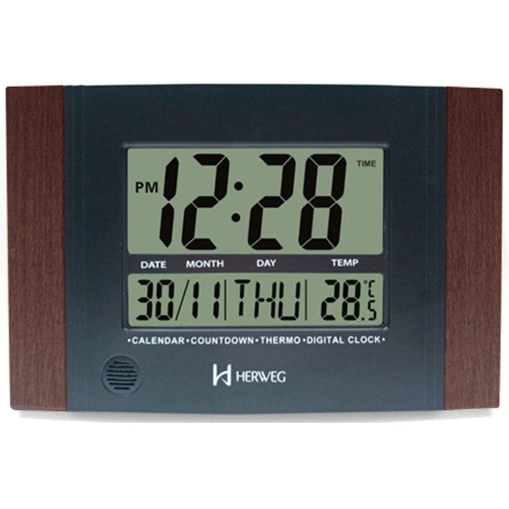 Relógio de Parede ou Mesa Digital LCD Calendário Termômetro Madeira Escura Herweg 6438