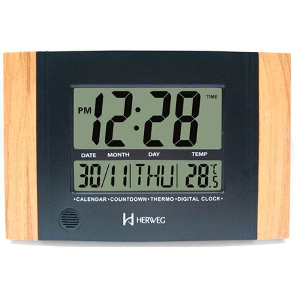 Relógio de Parede ou Mesa Digital LCD Calendário Termômetro Madeira Clara Herweg 6438