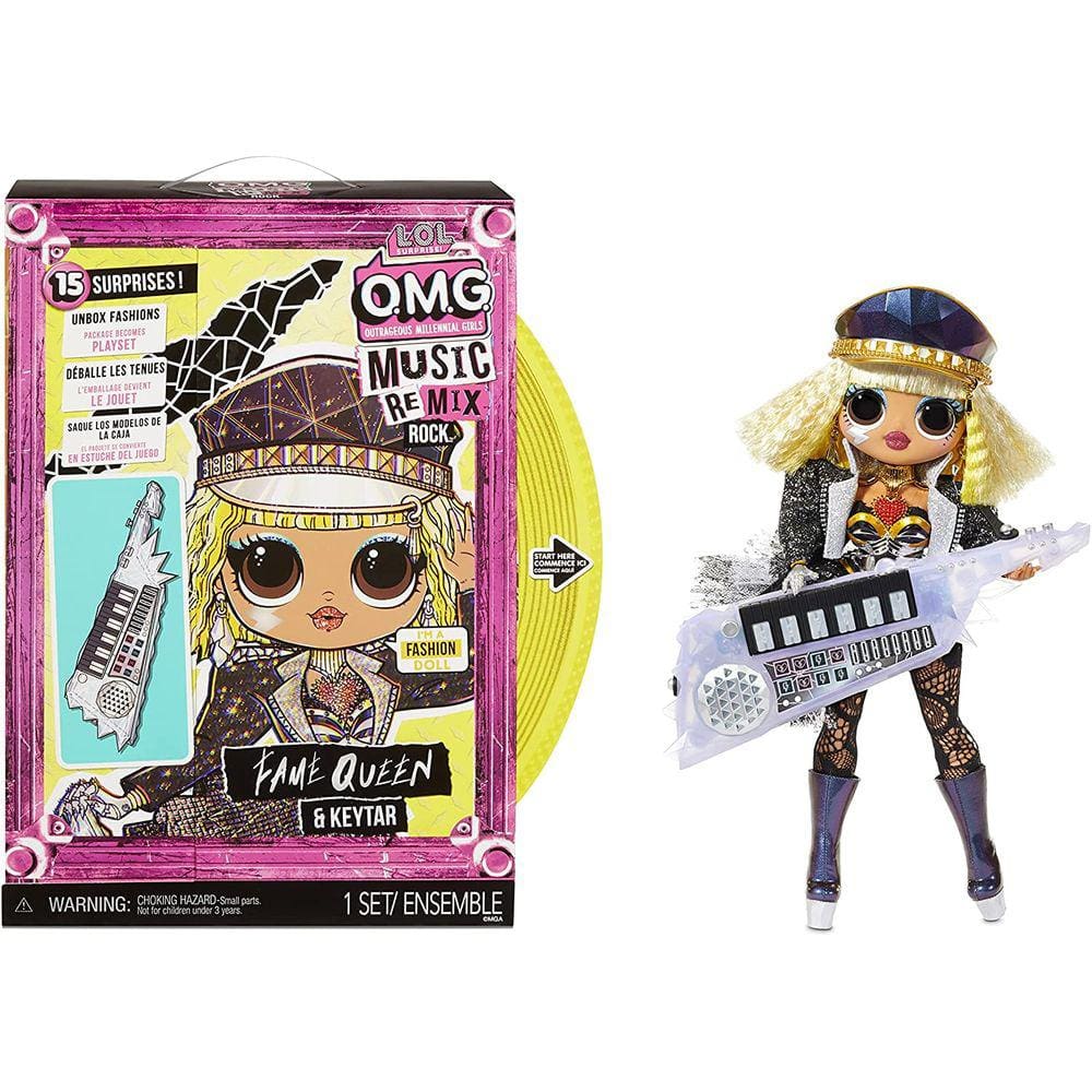 Boneca LOL Surprise OMG Remix Rock Fame Queen. Inclui 15 surpresas: keytar, roupas, sapatos, escova de cabelo, suporte, revista e t