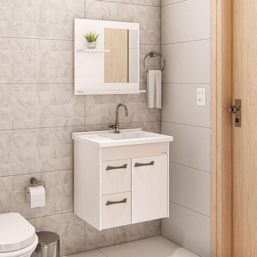 Conjunto de Banheiro Gabinete Suspenso 2 Gavetas com Espelheira e Cuba Off White