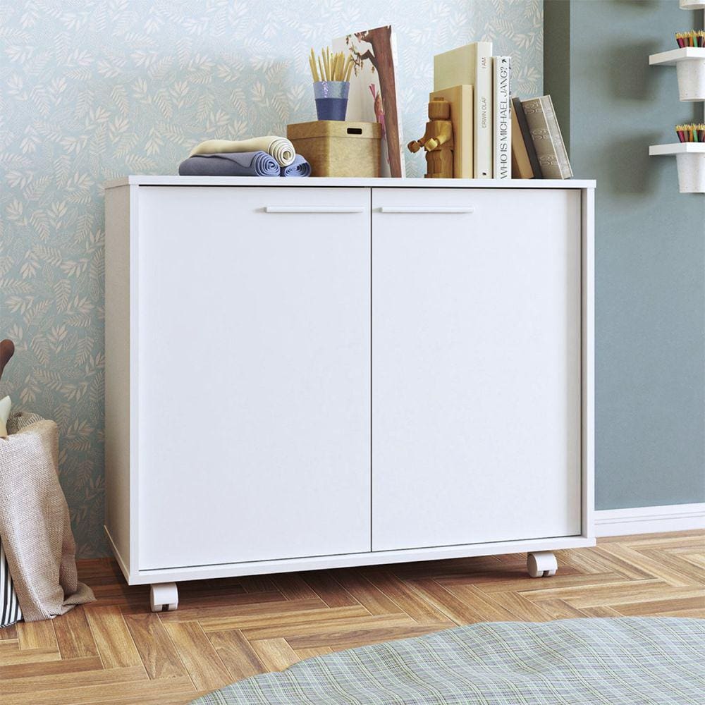 Balcão 2 Portas 2 Prateleiras 4 Pés com Rodízios MDP 12mm Branco