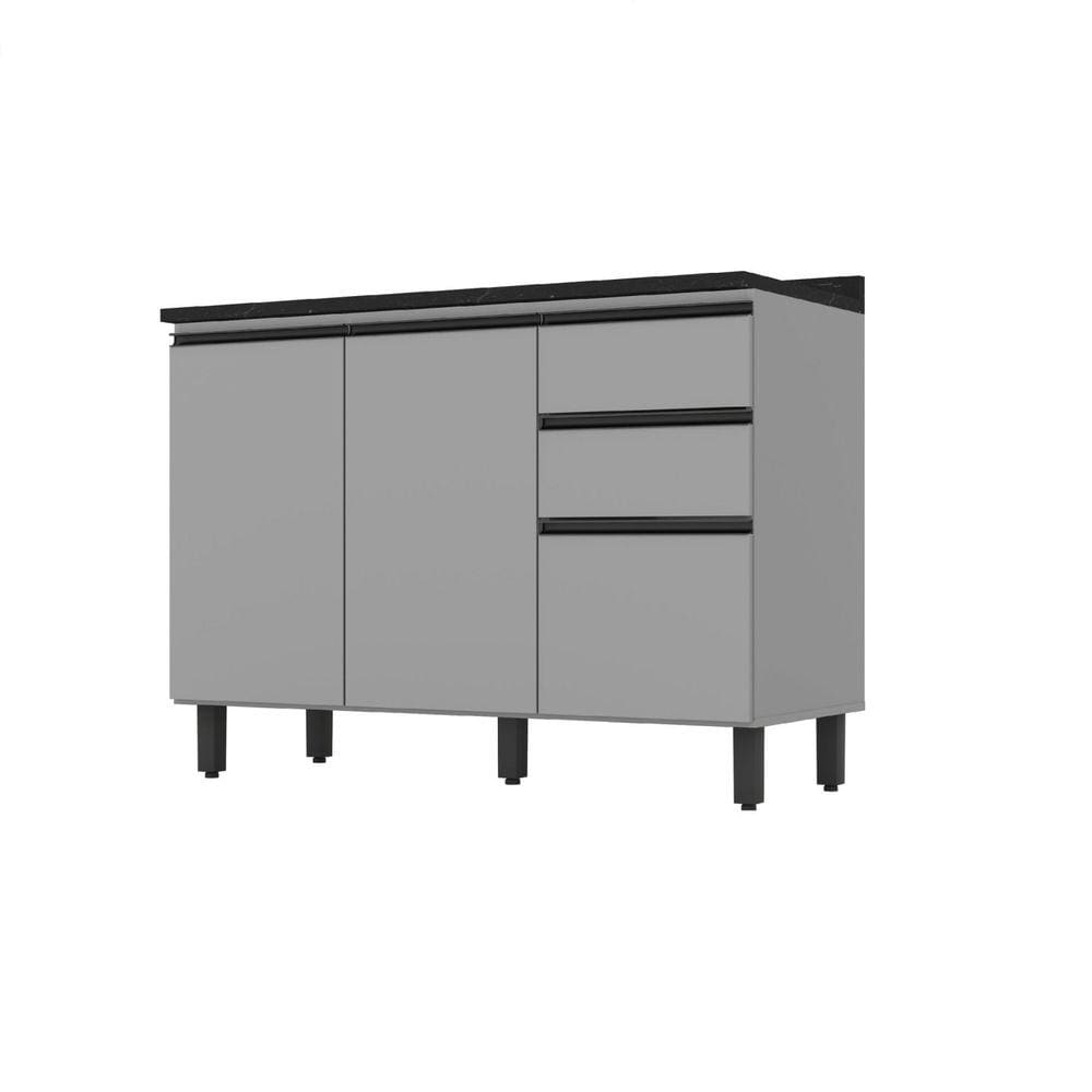 Balcão de Cozinha 1200 mm 2 Portas 3 Gavetas com Tampo Diva Cinza/Nero