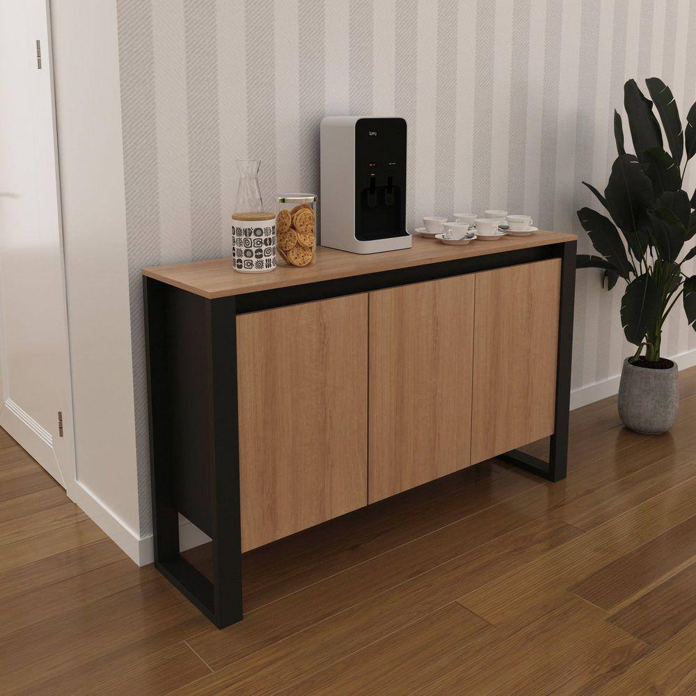Balcão para Escritório 3 Portas ME4147 Tecno Mobili Amêndoa/Preto