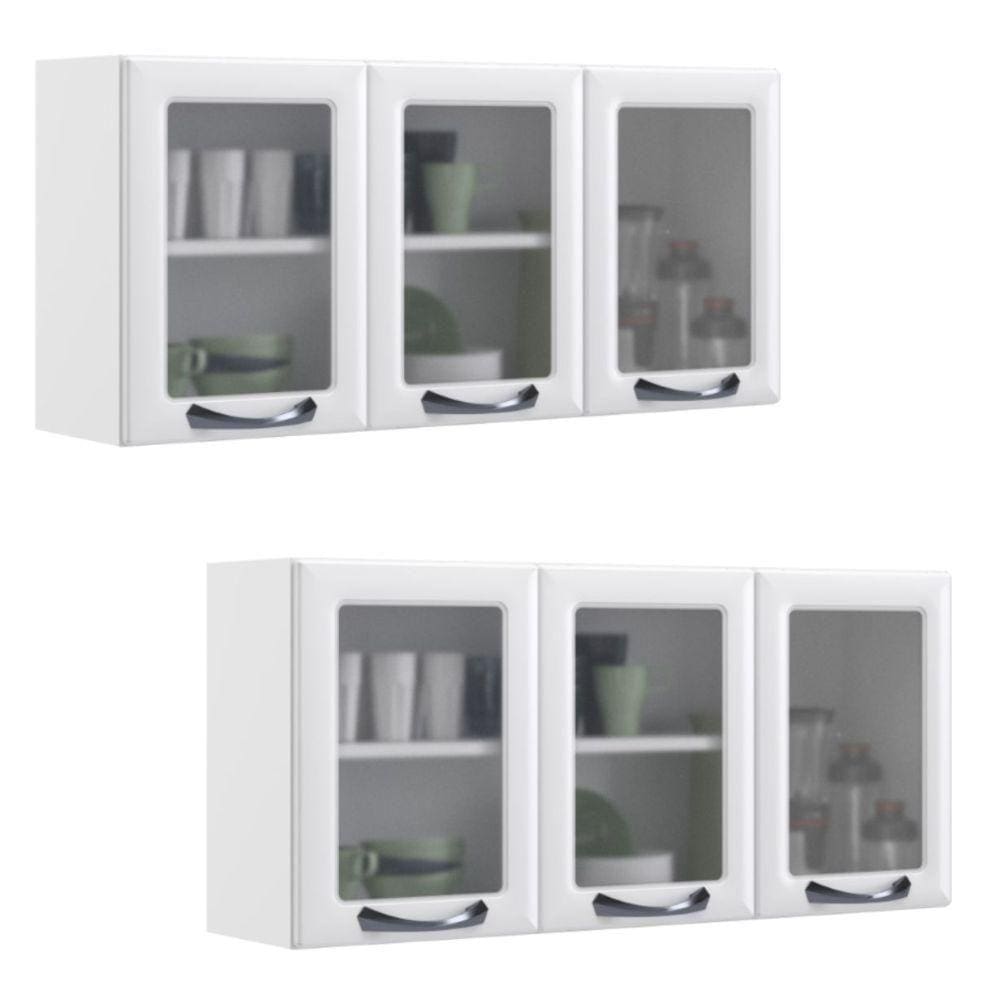Kit 2 Armários Aéreos Multiuso Itatiaia Aço 3 Portas Com Vidro New Premium Cozinha e Área de Serviço Branco Neve