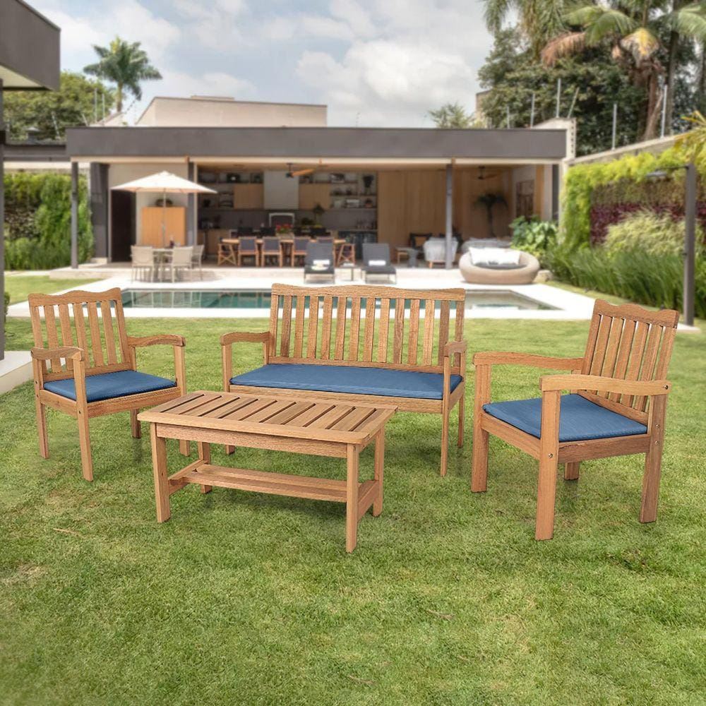 Conjunto para Jardim de Madeira Eucalipto 4 Peças Estofado Marrom Espresso Móveis Amadeirado/Azul